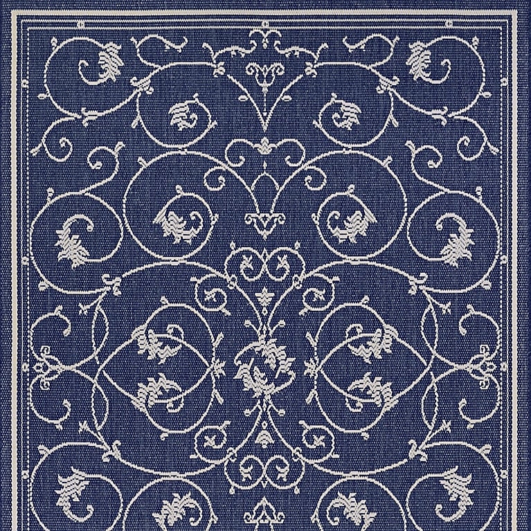 Area Rug Light Blue Cream Scrollwork Border Coastal Patio