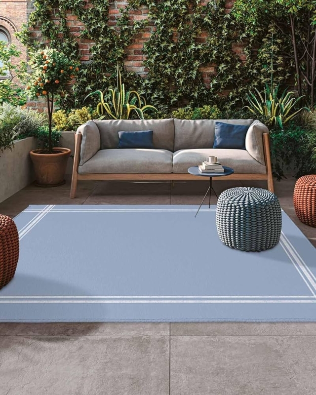 Area Rug Light Blue Woven Non Slip, Coastal Inspired Porch Decor