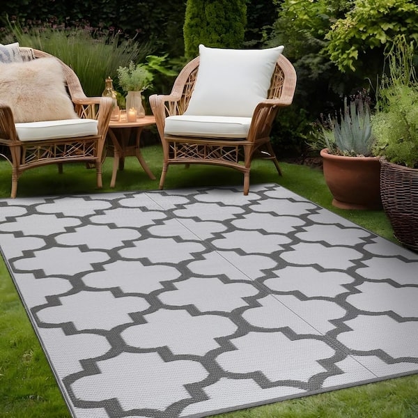 Area Rug Lightweight Grey Moroccan Trellis Reversible Plastic Flatweave