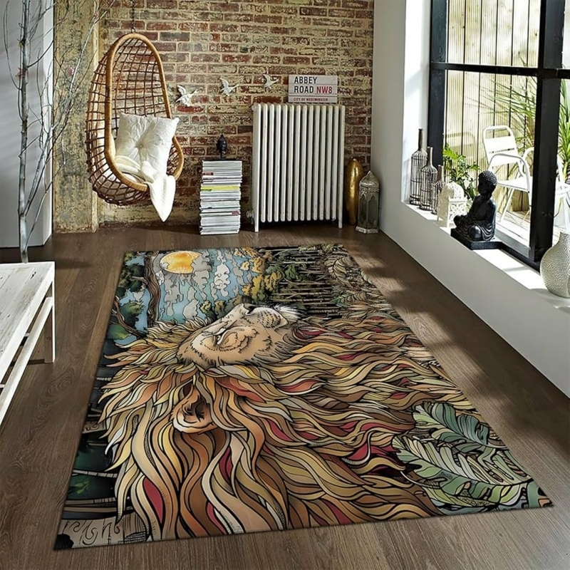 Area Rug Lion Motif Forest Landscape Print Vibrant Green Mat