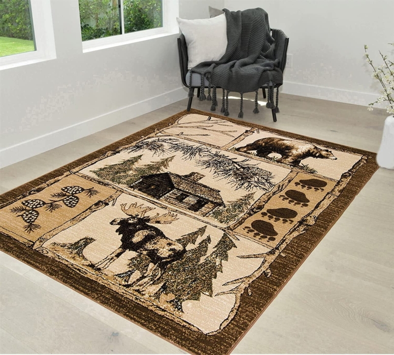 Area Rug Lodge Patchwork Design Moose Motif Rustic