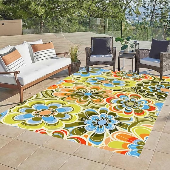 Area Rug Maximalist Floral Navy Ground Flatweave Patio Decor