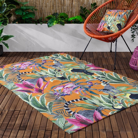 Area Rug, Maximalist Jungle Animal Print, Washable Tropical Design