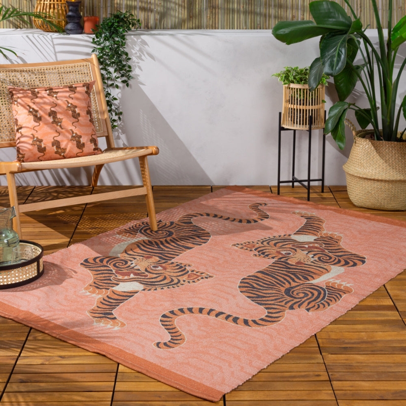 Area Rug, Maximalist Tibetan Tiger Motif with Coral Pink & Fringed Ends