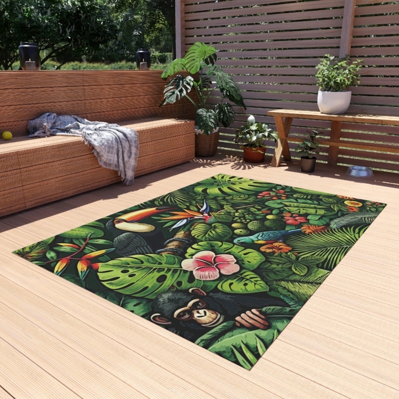Area Rug, Maximalist Tropical Jungle Animal Motif with Saturated Colors
