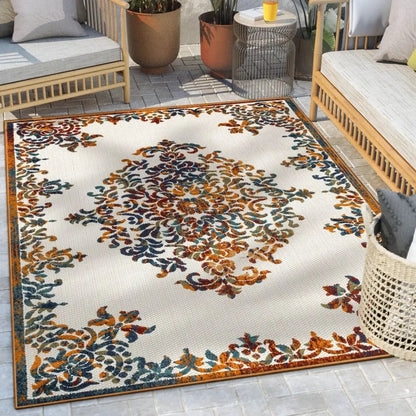 Area Rug Medallion Center High-Low Texture Ivory Charcoal Transitional