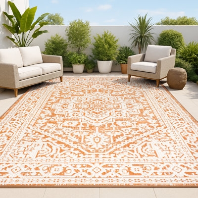 Area Rug: Medallion Motif, Vibrant Orange, Textured. Orange Outdoor Rugs.