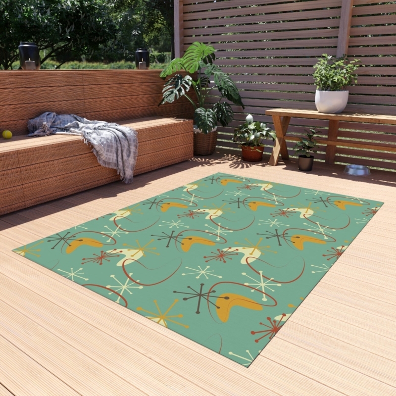 Area Rug Mid Century Modern Atomic Burst Boomerang Low Pile Teal Navy