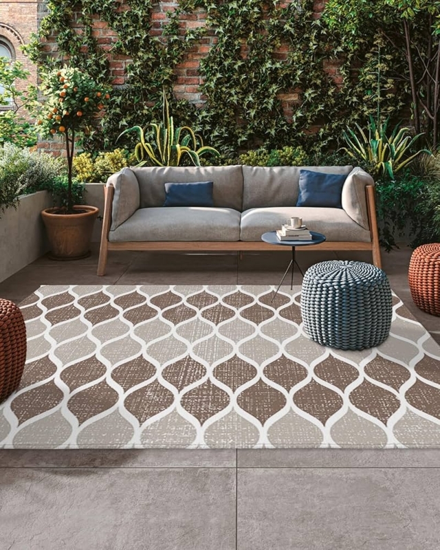Area Rug Mid Century Modern Bullseye Geometric Flat Weave Outdoor Brown