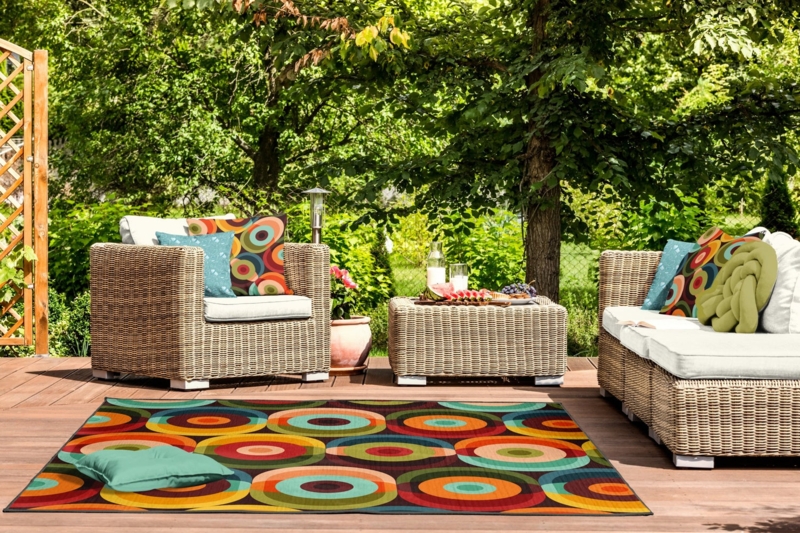 Area Rug Mid Century Modern Psychedelic Orb Low Pile Outdoor Teal Yellow
