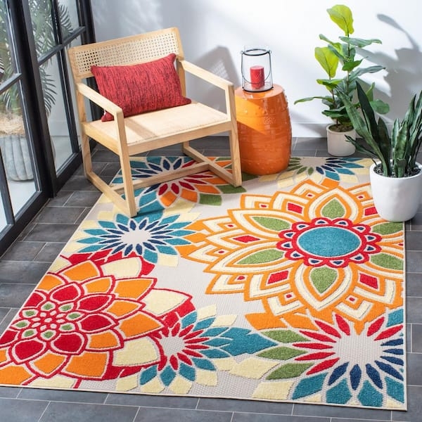 Area Rug Mid Century Modern Retro Stylized Botanical Square Ivory Orange