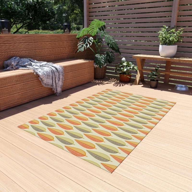 Area Rug Mid Century Modern Retro Stylized Leaf Low Pile Orange Sage