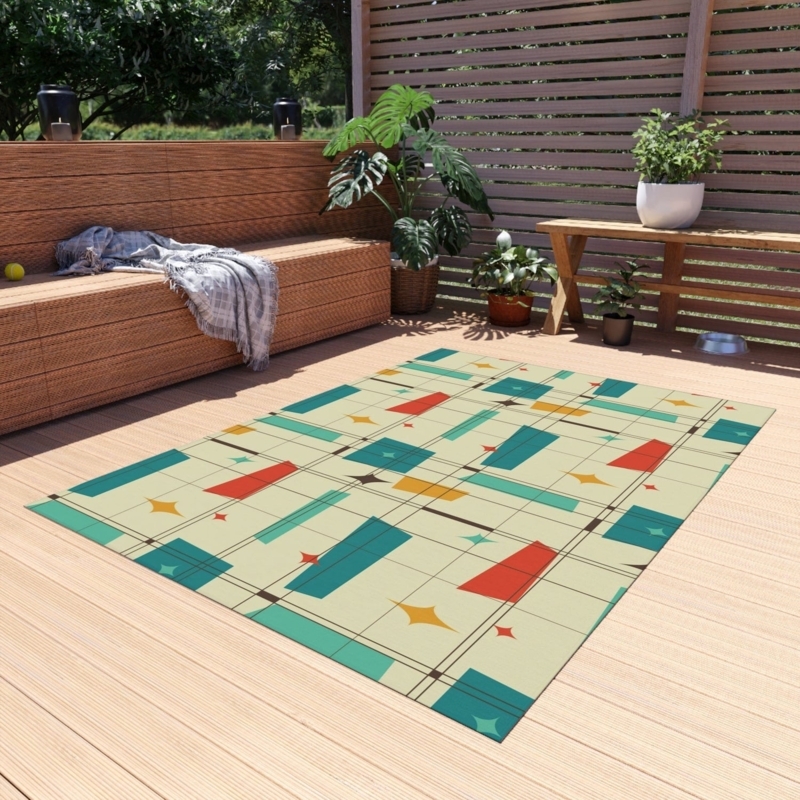 Area Rug Mid Century Modern Teal Orange Retro Grid