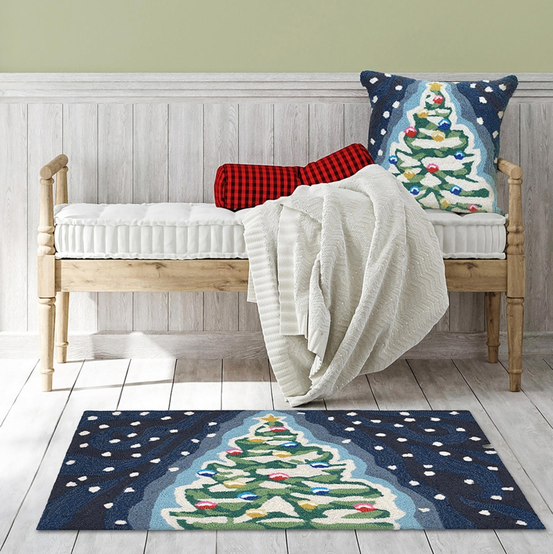 Area Rug Midnight Blue Christmas Tree Hooked Festive