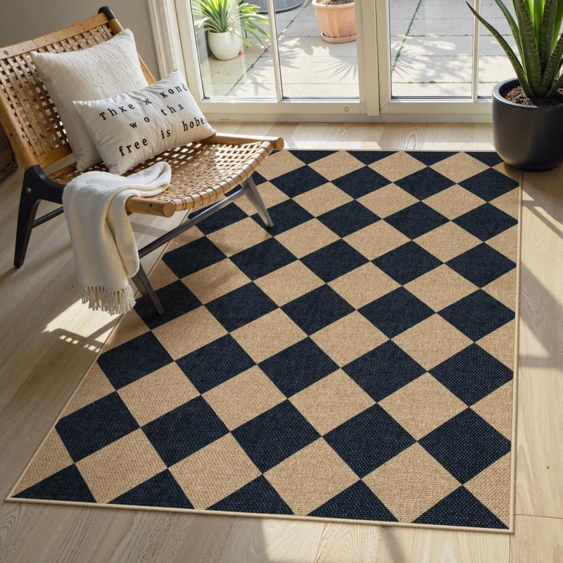Area Rug Modern Farmhouse Checkered Diamond Motif Washable Woven