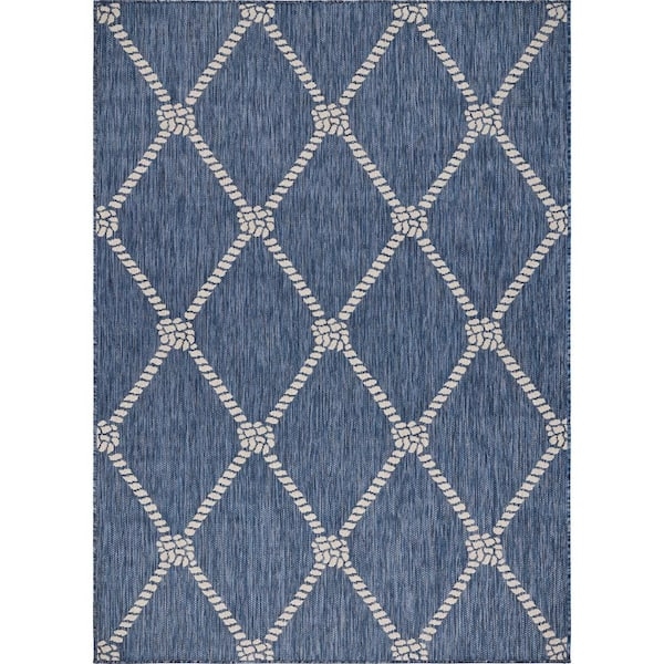 Area Rug Modern Interlocking Knot Pattern Flatweave Navy Coastal Decor