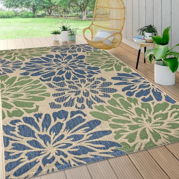 Area Rug: Modern Large Scale Floral, Navy & Green Flatweave