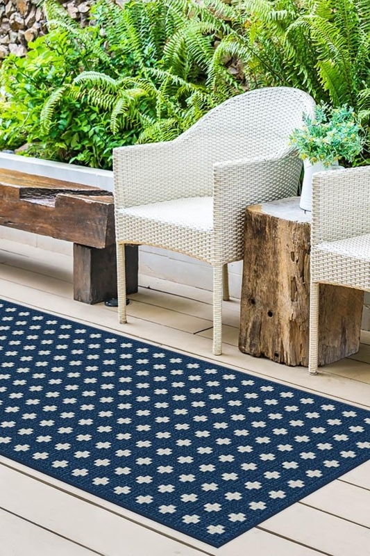 Area Rug Modern Navy Geometric Pattern Low Profile Washable Flatweave