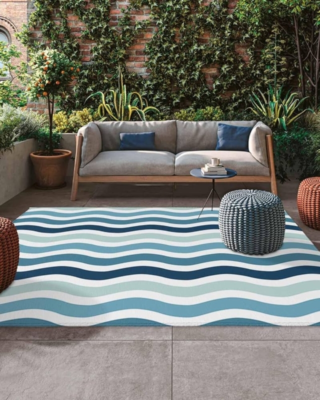 Area Rug Modern Water Ripple Stripes Blue Green Gradient Coastal Patio