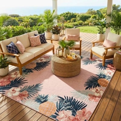 Area Rug Monstera Leaf Pattern Outdoor Flatweave Tropical Deck Decor