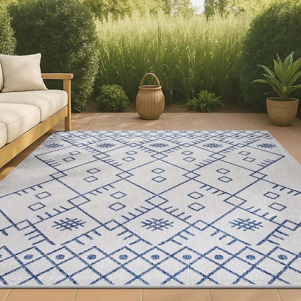 Area Rug Moroccan Geometric Pattern Navy Blue Flatweave Bohemian