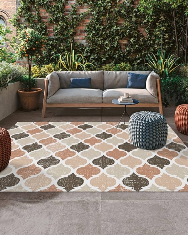 Area Rug Moroccan Plaid Pattern Brown Beige Geometric Patio Deck