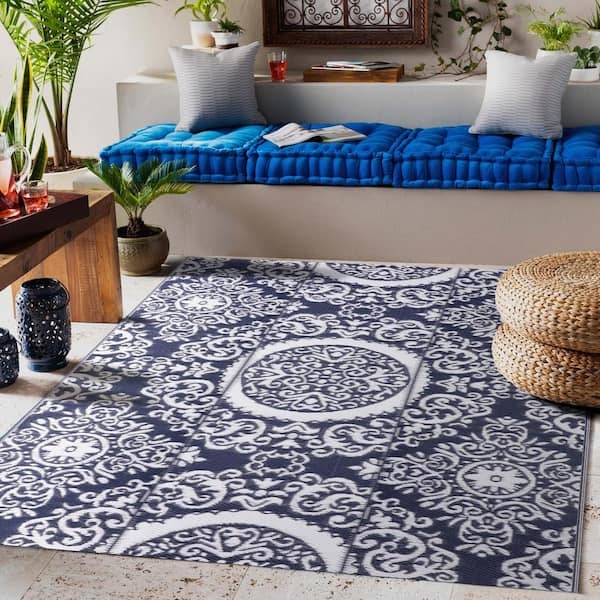 Area Rug Moroccan Trellis Style Navy White Woven Patio Decor
