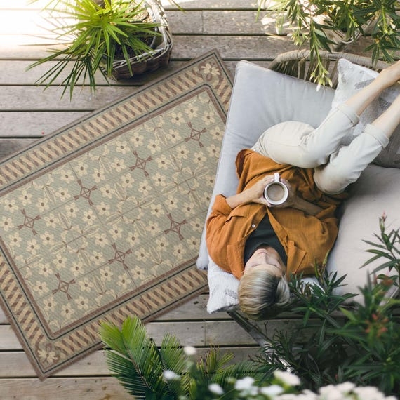 Area Rug Mosaic Tile Look Earthy Floral Pattern, Retro Mosaic Outdoor Rug