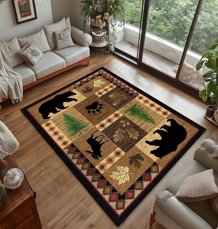 Area Rug Multi Paneled Layout Bear Moose Motif Lodge Style