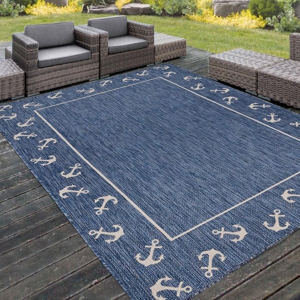Area Rug Nautical Anchor Motifs Navy Contrast Border Coastal Patio Rug