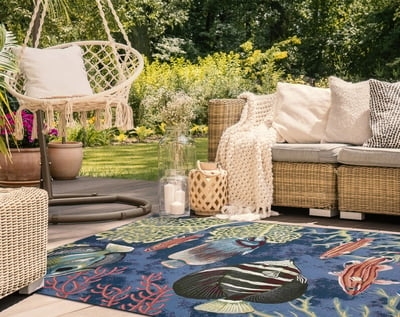 Area Rug Nautical Fish Motif Coastal Blue Beige Flat Weave Patio Decor