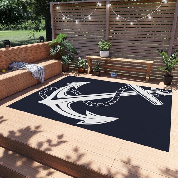Area Rug Nautical High Contrast Palette Anchor Pattern Flat Weave Deck