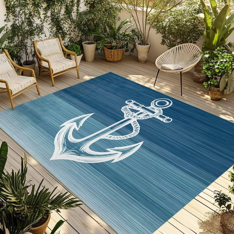 Area Rug Nautical Large Anchor Graphic Navy Low Pile Coastal Patio Deck