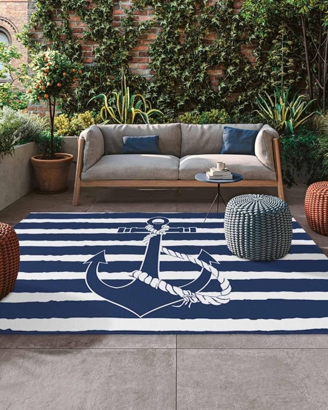 Area Rug Nautical Red Rope Border Anchor Graphic Striped Coastal Deck