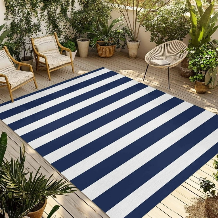 Area Rug Nautical Striped Pattern Modern Farmhouse Patio Navy