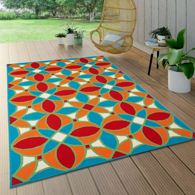 Area Rug Navy And Orange Geometric Flat Woven Contemporary Dining Mat