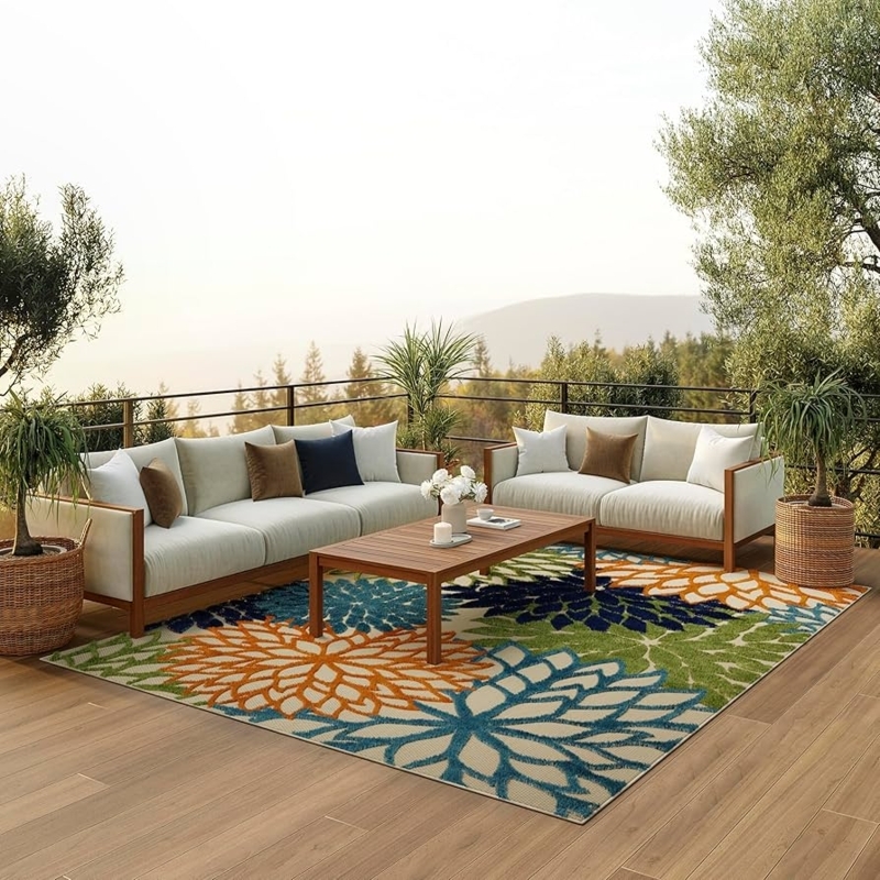 Area Rug Navy And Orange Outdoor Rug Tropical Textured Botanical