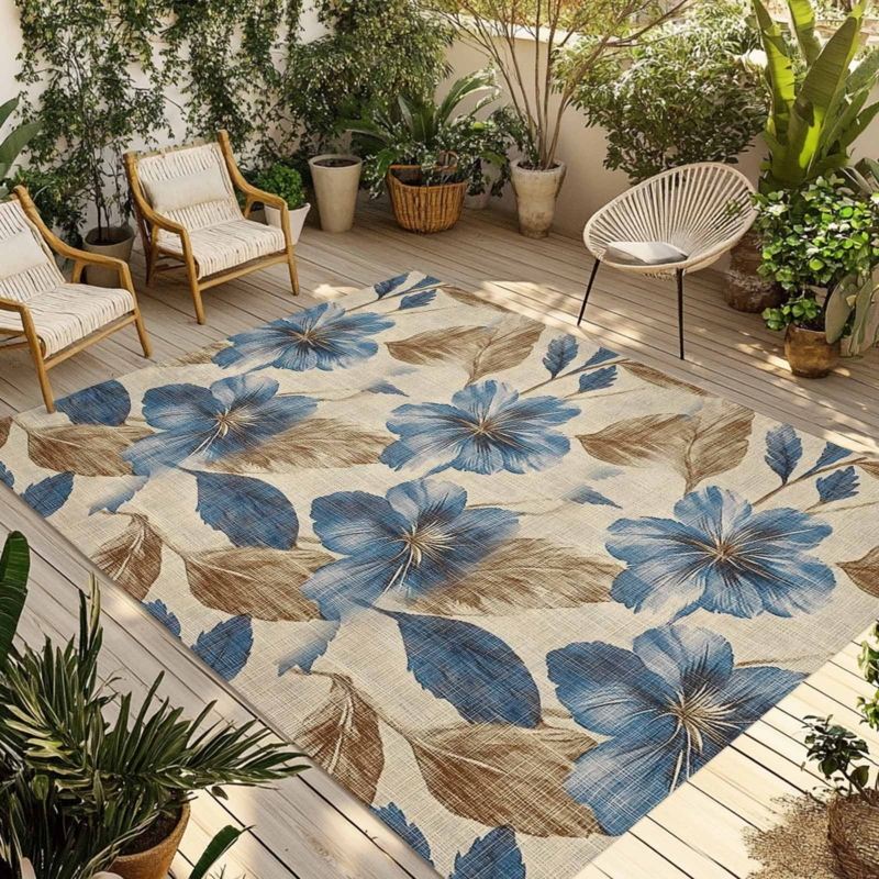 Area Rug Navy Base Outdoor Tropical Leaf Pattern Low Profile