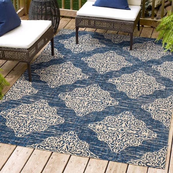 Area Rug Navy Beige Medallion Pattern Ornate Traditional Patio