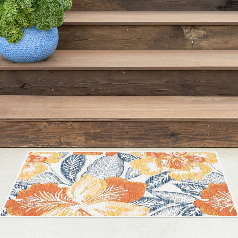 Area Rug: Navy Blue Botanical Entryway Rug with Oversized Blooms