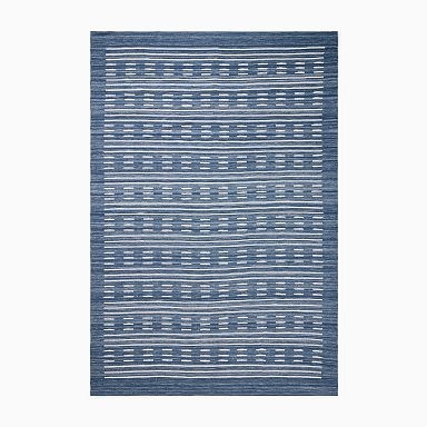Area Rug: Navy Blue Geometric Diamonds, Nautical Low Profile Flatweave.