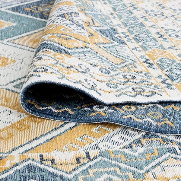Area Rug: Navy Blue Geometric Floral Rug, Low Profile Flatweave
