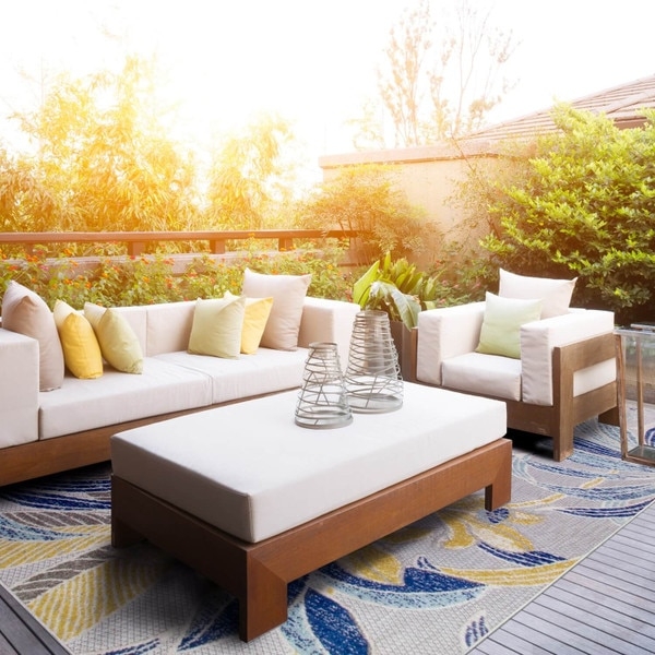 Area Rug Navy Blue Off White Geometric Striped Pattern Outdoor Set