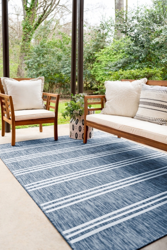 Area Rug Navy Blue Stripes Flatweave Coastal Patio Decor