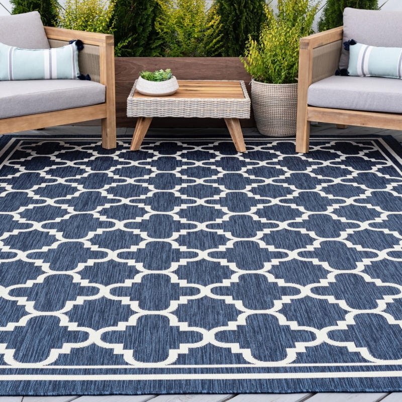 Area Rug Navy Blue Trellis Geometric Low Profile Flatweave