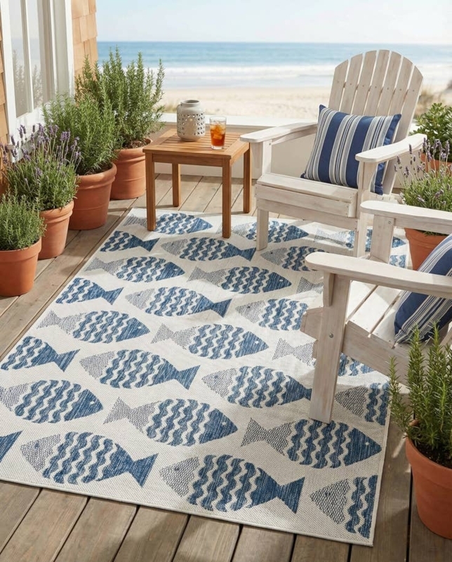 Area Rug Navy Botanical Leaf Pattern Flatweave Coastal Sunroom