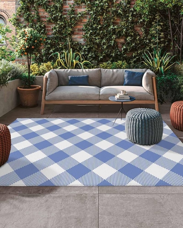 Area Rug Navy Buffalo Plaid Porch Layered Outdoor
