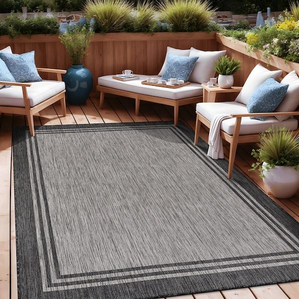 Area Rug: Navy Contrast Border Pebbled, Modern Bordered Outdoor Rug