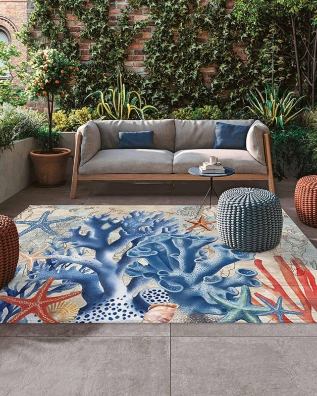 Area Rug Navy Coral Starfish Motif Weather Resistant Deck Decor