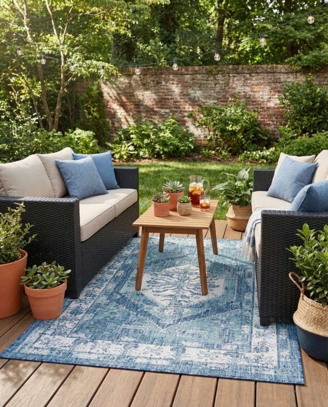 Area Rug Navy Cream Traditional Oriental Motif Woven Coastal Deck